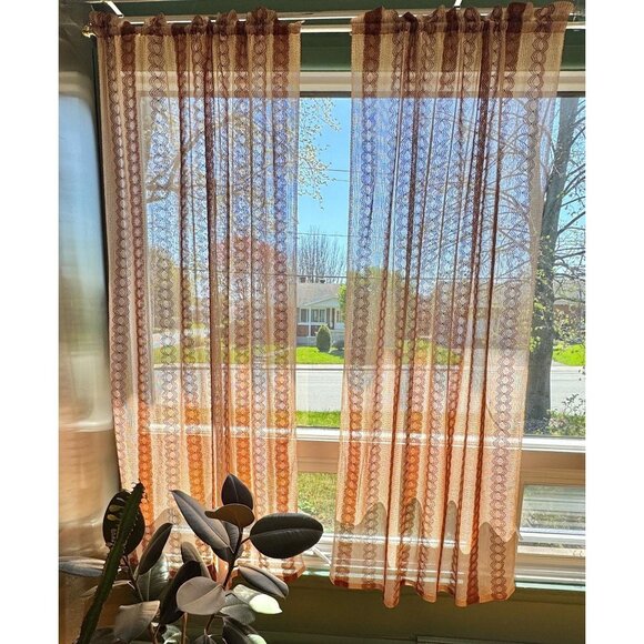 Vintage 80s curtain, tan, brown, rust vertical stripes, rod header panel, for 1 - Picture 1 of 9